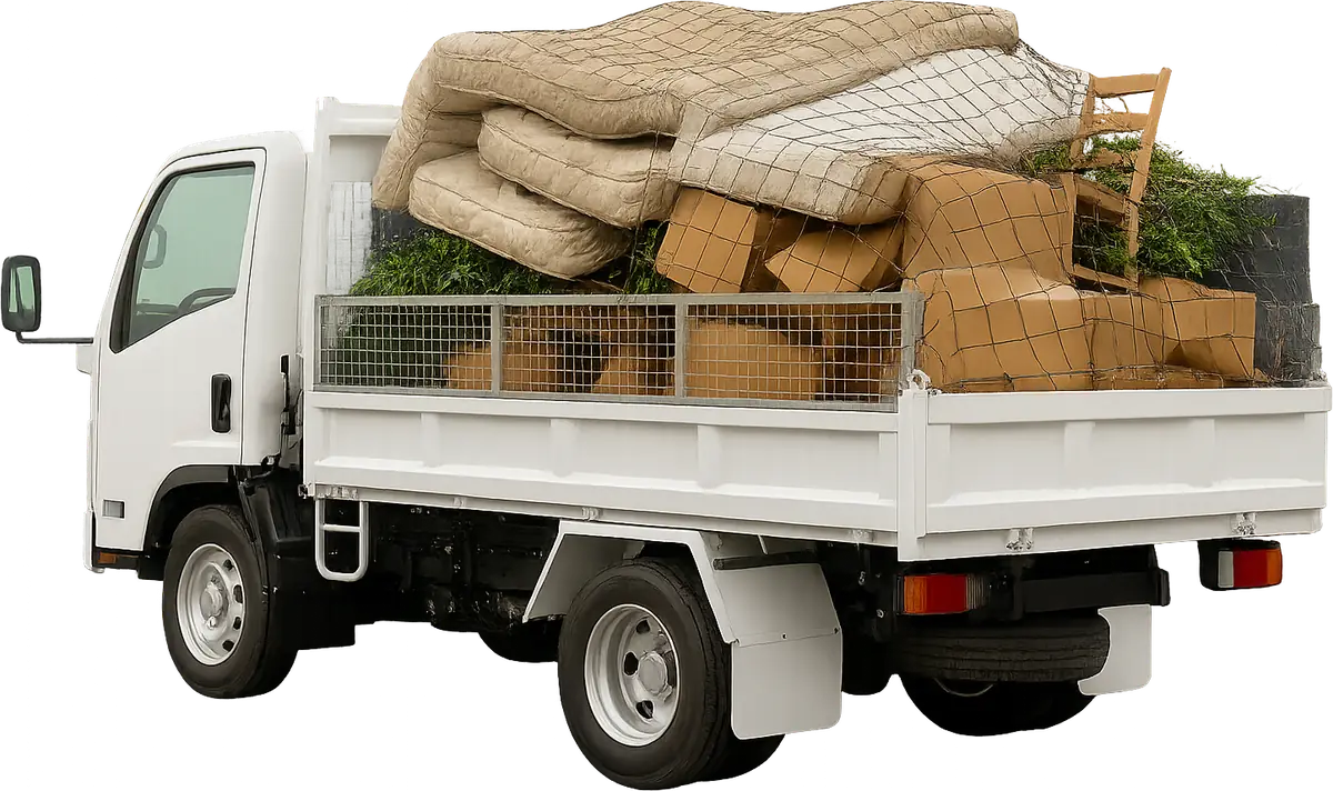 Aaron's white Isuzu tipper with mesh sides, loaded with household rubbish under a cargo net