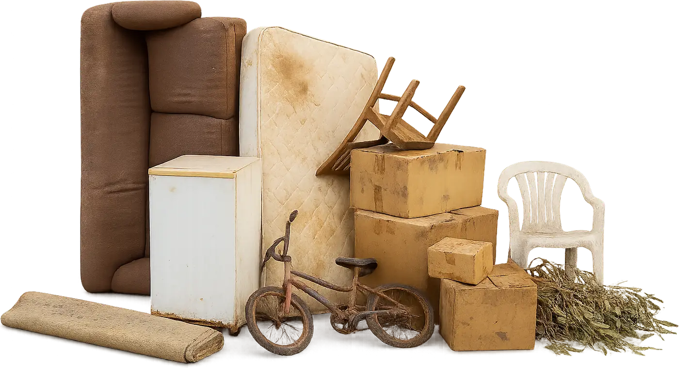 A heap of old household rubbish: a worn lounge, a stained mattress, an old fridge, cartons, a kids bike and cut branches